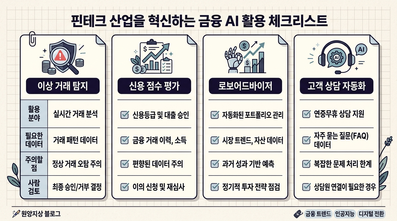 AI 금융 활용 분야별 필요한 데이터와 사람 검토 포인트를 정리한 체크리스트 이미지