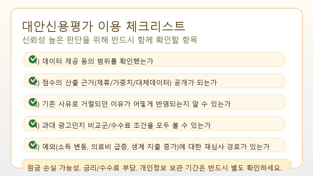 대안신용평가 이용 전 동의 범위, 오판, 이의제기, 개인정보 처리 항목 체크리스트 이미지